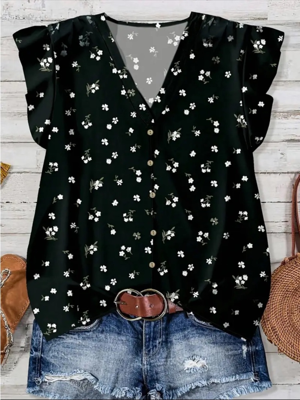 Women’s V-neck Floral Flutter Sleeve Button Down Blouse